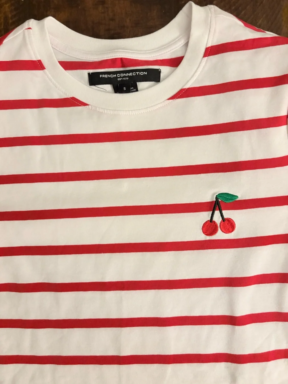 French Connection Red and White Striped Shirt with Cherry Accent, Small